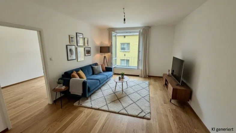 Helles Wohnzimmer mit Holzboden, einem blauen Sofa und Blick auf die gegenüberliegenden Gebäude.