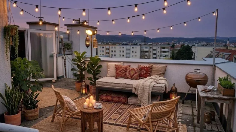Gemütliche Dachterrasse am Abend mit Lichterketten, bequemen Sitzgelegenheiten und Grillbereich.