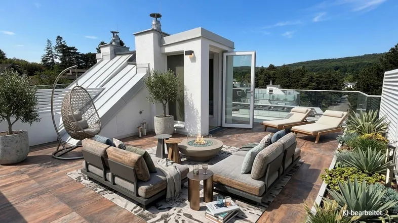 Großzügige Dachterrasse mit bequemen Loungemöbeln, Feuerstelle und weitem Blick ins Grüne.
