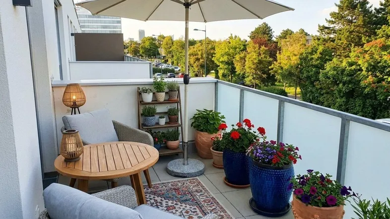 Gemütlicher Balkon mit Sitzgelegenheiten, Sonnenschirm und Blick ins Grüne, ideal zum Entspannen.