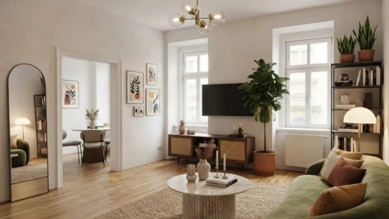 Helles Wohnzimmer mit modernem Sofa, Holzboden und Blick in den Essbereich.