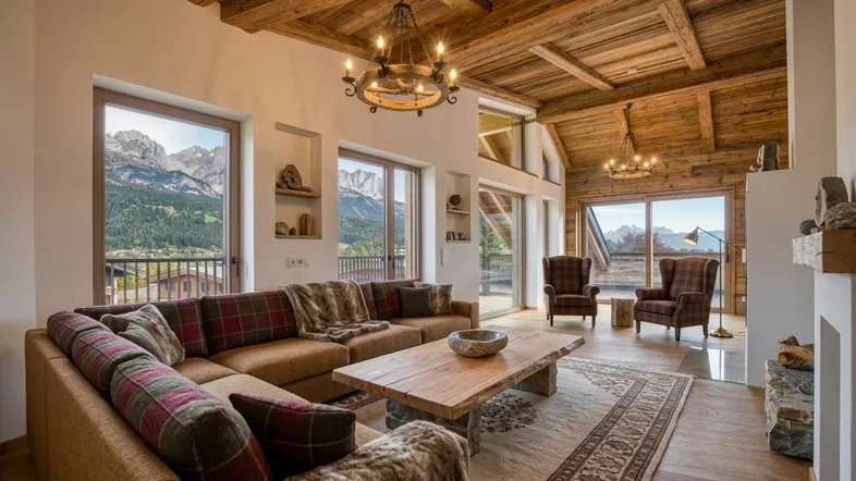 Geräumiges Wohnzimmer im alpinen Stil mit Holzbalkendecke, gemütlichem Sofa und beeindruckendem Bergblick.
