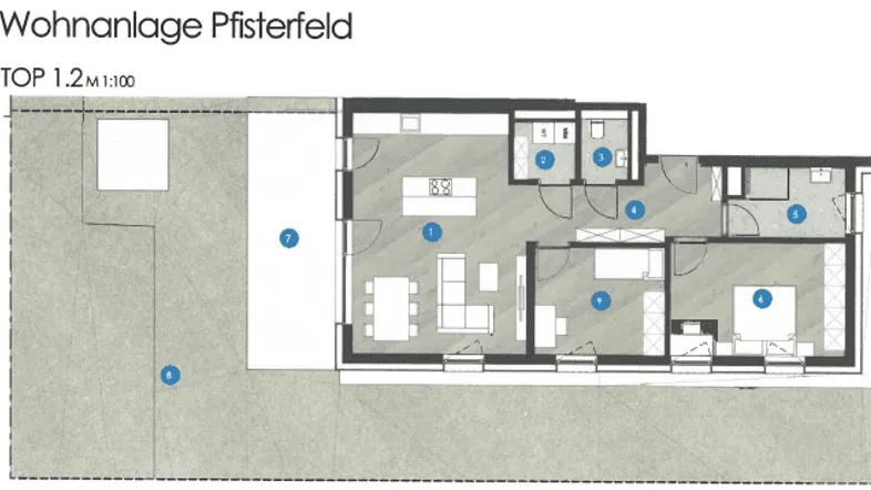 Detaillierter Grundriss einer Wohnung mit offenem Wohnbereich, Küche, Schlafzimmer und Garten.