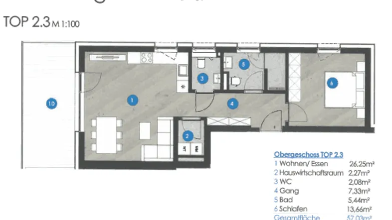 Grundriss der Wohneinheit TOP 2.3 mit offenem Wohn-/Essbereich, einem Schlafzimmer und Balkon.