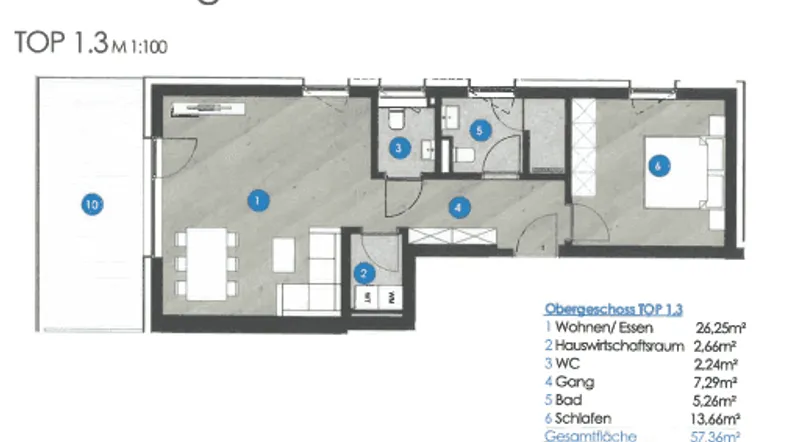 Detaillierter Grundriss der Wohneinheit TOP 1.3 mit offenem Wohn-/Essbereich und Balkon.