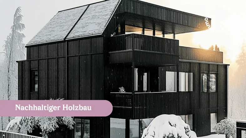 Modernes schwarzes Holzhaus in verschneiter Landschaft, mit Balkonen und nachhaltiger Bauweise.