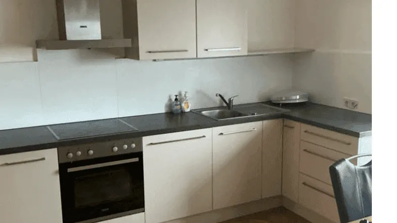 Helle Einbauküche mit modernen weißen Schränken, Dunstabzugshaube und Parkettboden.