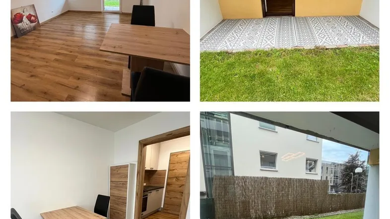 Heller Wohn- und Essbereich mit Holzboden und Zugang zu einer gefliesten Terrasse mit Grünblick.