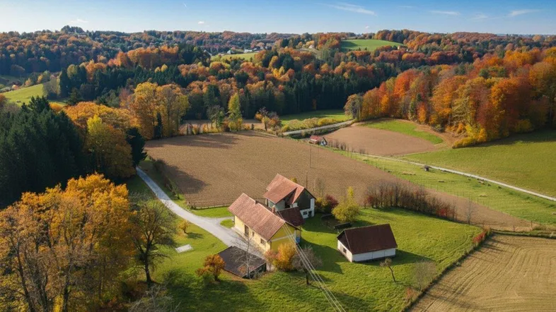 Luftaufnahme eines ländlichen Anwesens mit mehreren Gebäuden, umgeben von Feldern und herbstlichen Wäldern.