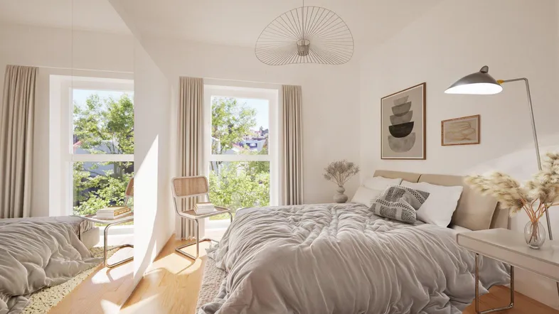 Helles Schlafzimmer mit modernem Design, großem Fenster und Holzboden, ideal für erholsame Nächte.