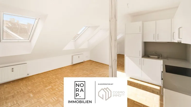 Helle Dachgeschosswohnung mit offener Küchenzeile und Parkettboden, ideal für modernes Wohnen.