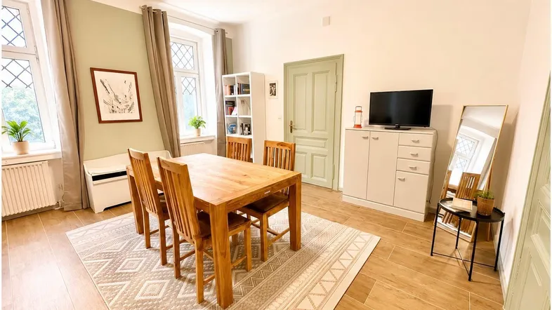 Heller Essbereich mit Holztisch, Stühlen und einem TV-Möbel, ergänzt durch einen gemusterten Teppich.