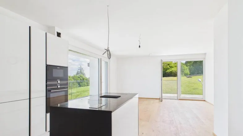 Moderne Küche mit Kochinsel, integrierten Geräten und Blick ins Grüne durch große Fenster.