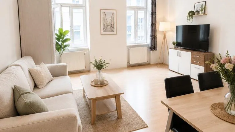 Helles Wohn- und Esszimmer mit Parkettboden, Holzbalkendecke und großen Fenstern, modern eingerichtet.