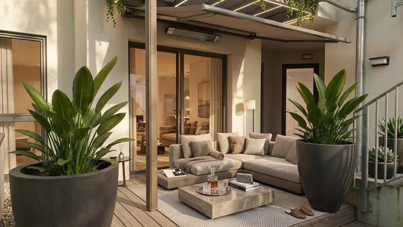 Stilvolle Terrasse mit modernen Loungemöbeln, Pflanzen und Blick in den Wohnbereich.