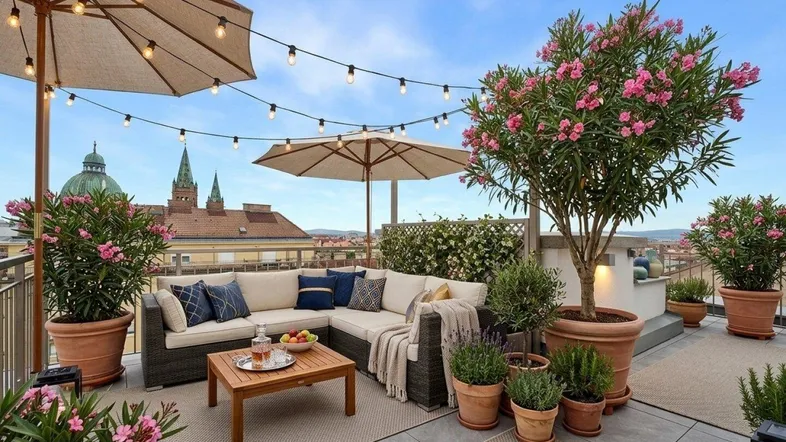 Große, möblierte Dachterrasse mit Stadtblick, Pflanzen und gemütlicher Beleuchtung für entspannte Abende.
