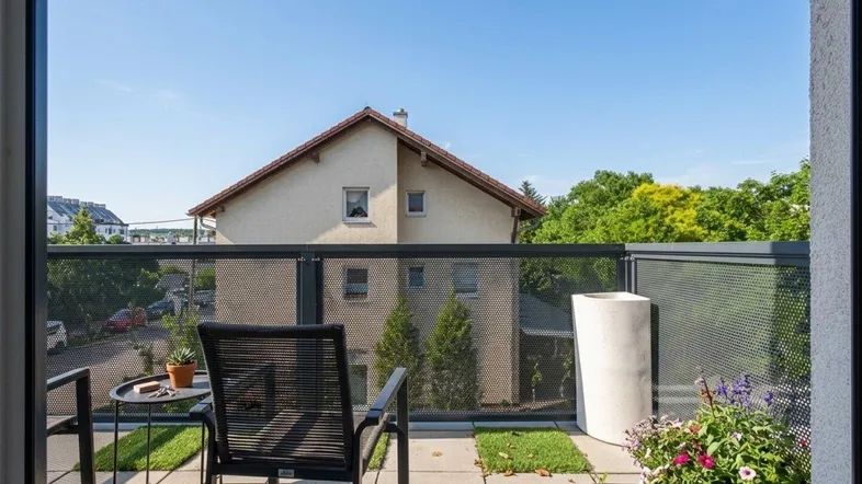 Möblierter Balkon mit Blick auf die Nachbarschaft und viel Grün.