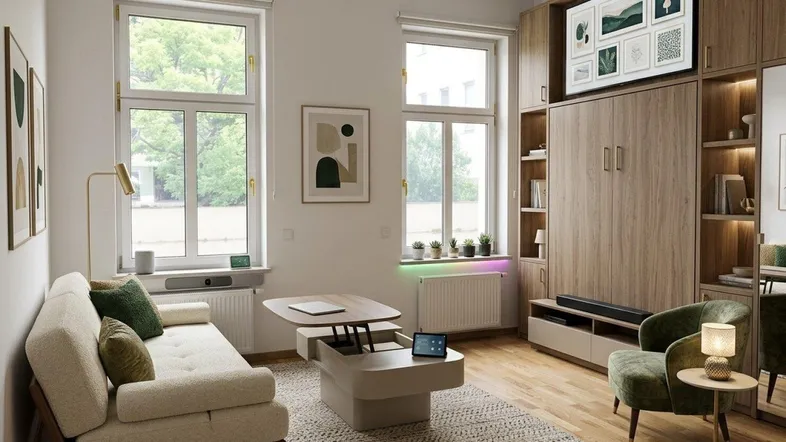 Modernes Wohnzimmer mit hellem Parkettboden, großen Fenstern und integrierten Möbeln für effiziente Raumnutzung.