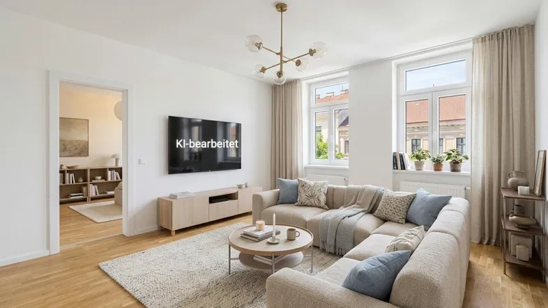 Helles, modernes Wohnzimmer mit Eichenparkett, großen Fenstern und einem bequemen Ecksofa.