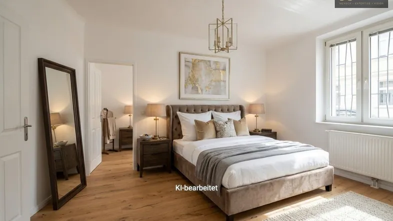 Helles Schlafzimmer mit Holzboden, großem Bett und einem Spiegel, der den Raum optisch erweitert.