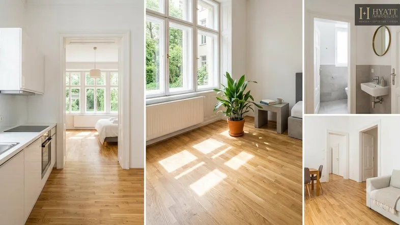 Helle Innenräume mit Holzboden, großen Fenstern und Blick ins Grüne, inklusive Küche und Bad.