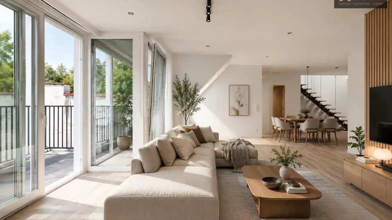 Helles, modern eingerichtetes Wohnzimmer mit großem Sofa, Holzboden und Zugang zur Terrasse.