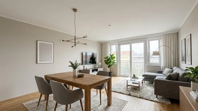 Helles, modern eingerichtetes Wohn-Esszimmer mit Holzboden und Zugang zu einem Balkon.