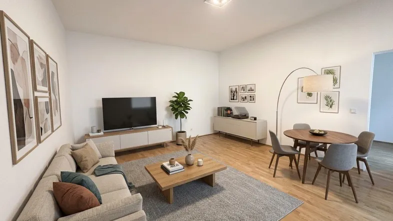 Modernes Wohnzimmer mit Essbereich, Holzboden und bequemen Möbeln, ideal für gesellige Abende.