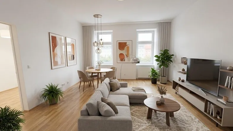 Modernes, helles Wohn- und Esszimmer mit Parkettboden und stilvoller Einrichtung.