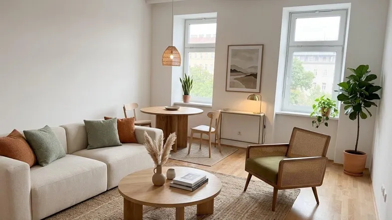Helles Wohn- und Esszimmer mit modernem Design, Holzboden und Blick ins Grüne.