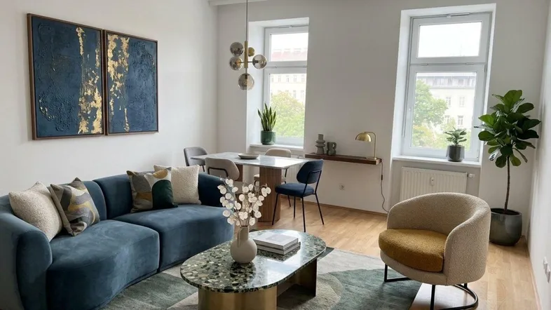 Modernes Wohn-Esszimmer mit stilvollem Sofa, Esstisch und großen Fenstern für viel Tageslicht.