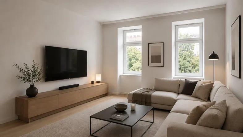 Modernes Wohnzimmer mit hellem Parkettboden, beigem Sofa und Blick ins Grüne.