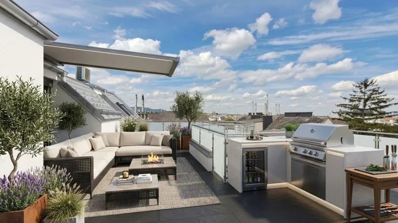 Luxuriöse Dachterrasse mit Outdoor-Küche, Lounge-Bereich und weitem Stadtblick.