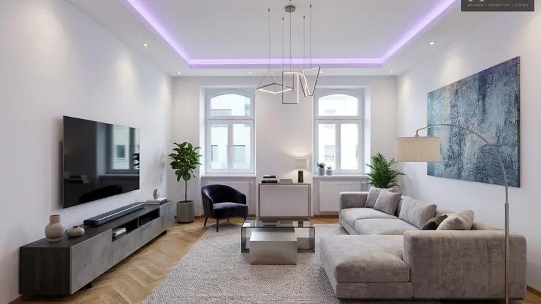 Modernes Wohnzimmer mit Fischgrätparkett, indirekter Deckenbeleuchtung und großen Fenstern.
