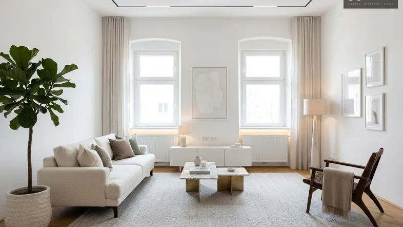 Helles Wohnzimmer mit modernem Design, Fischgrätparkett und hohen Fenstern, die viel Tageslicht hereinlassen.