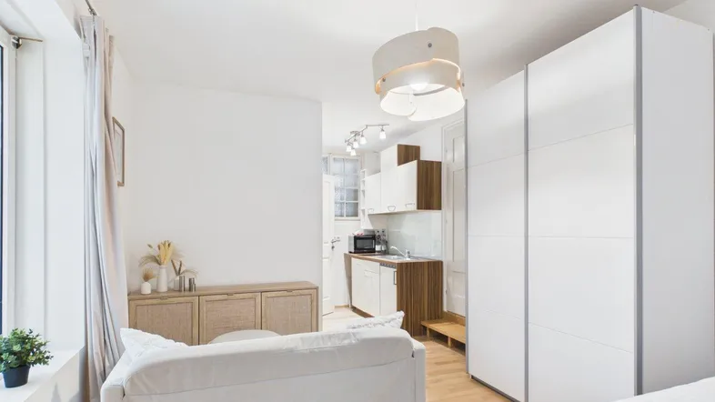 Helles Studio-Apartment mit integrierter Küchenzeile, Schlafbereich und modernem Kleiderschrank.