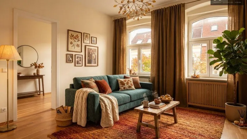 Gemütliches Wohnzimmer mit tealfarbenem Sofa, Holzboden und warmen Vorhängen, dekoriert mit Bildern und Pflanzen.