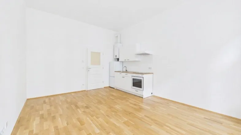 Heller, offener Wohnbereich mit integrierter Küchenzeile, Holzboden und weißen Wänden.