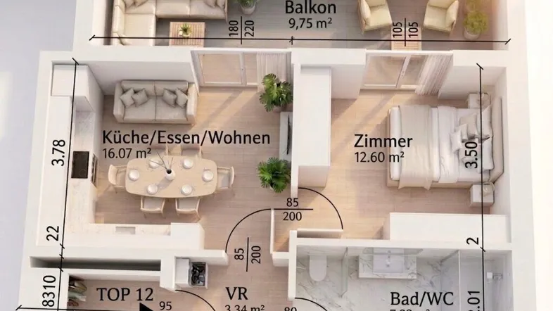Detaillierter Grundriss einer Wohnung mit offenem Wohnbereich, Schlafzimmer und Balkon.