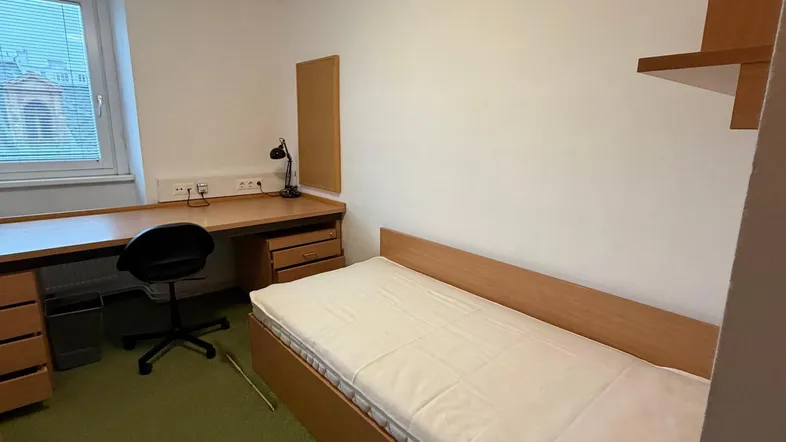 Helles Schlafzimmer mit Einzelbett, Schreibtisch und grünem Teppichboden.