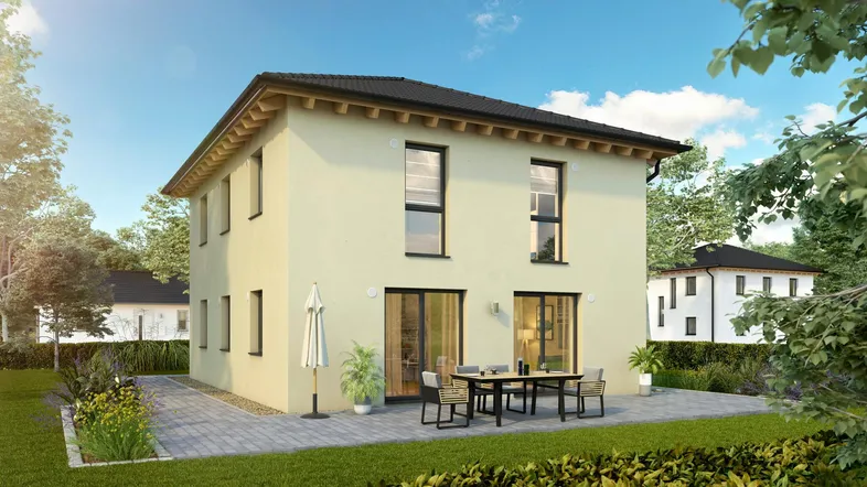Modernes Einfamilienhaus mit heller Fassade, großer Terrasse und Gartenbereich unter blauem Himmel.