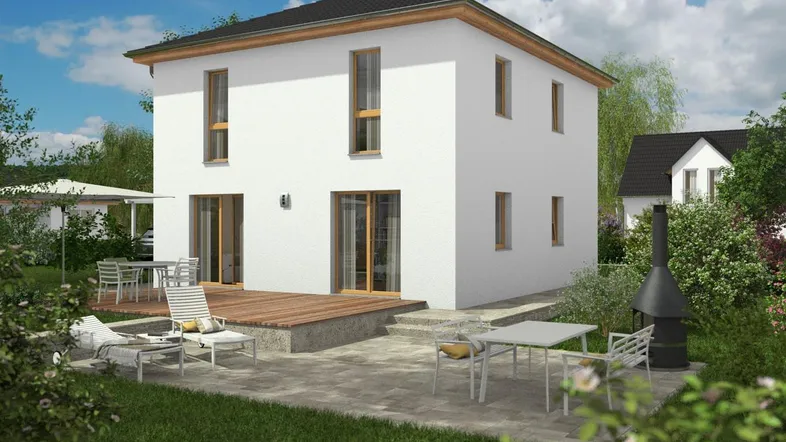 Modernes Einfamilienhaus mit weißer Fassade, großer Holzterrasse und Gartenbereich mit Grill.