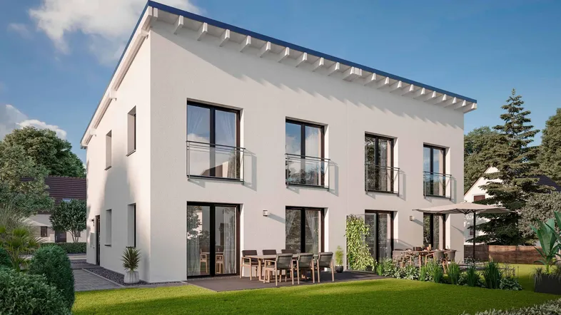 Moderne Doppelhaushälfte mit großer Terrasse, Garten und französischen Balkonen.