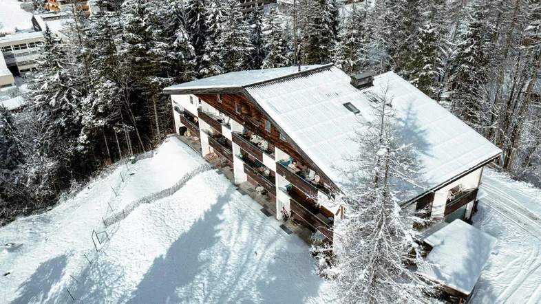 Luftaufnahme eines Gebäudes in einer verschneiten Berglandschaft, umgeben von Tannenbäumen und weiteren Häusern.