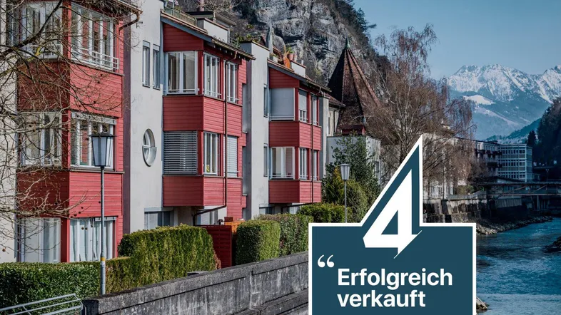 Mehrfamilienhaus mit roten Fassadenelementen und Erkern, umgeben von Hecken, mit Fluss und Bergpanorama im Hintergrund.