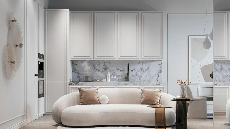 Moderner offener Wohnbereich mit beigem Sofa, Marmorrückwand in der Küche und eleganten Details.
