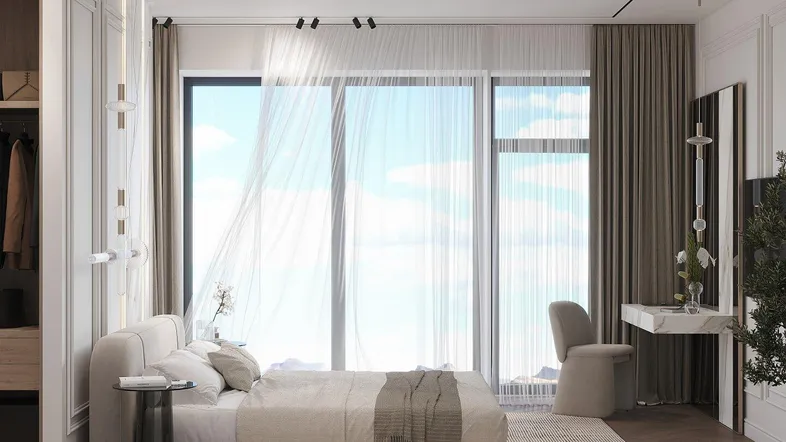 Modernes Schlafzimmer mit großen Fenstern, hellem Interieur und Blick nach draußen.