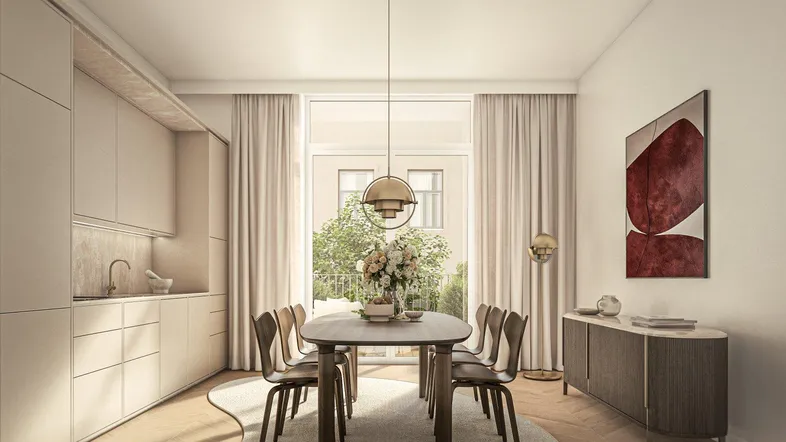 Eleganter Essbereich mit integrierten Schränken, Holzboden und Zugang zum Balkon.
