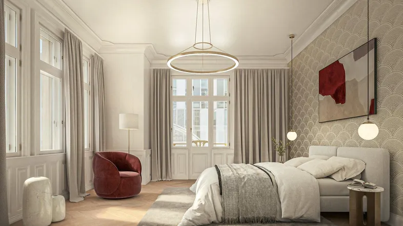 Helles Schlafzimmer mit hohen Decken, Parkettboden und modernem Design, das viel Tageslicht erhält.
