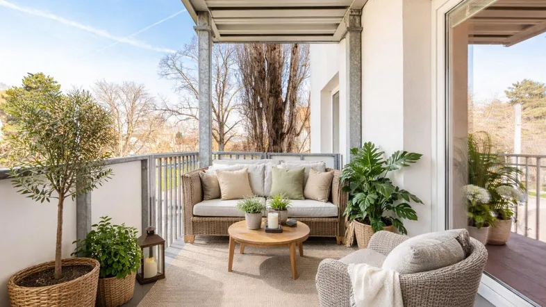 Gemütlicher Balkon mit Rattanmöbeln, Pflanzen und Blick ins Grüne an einem sonnigen Tag.